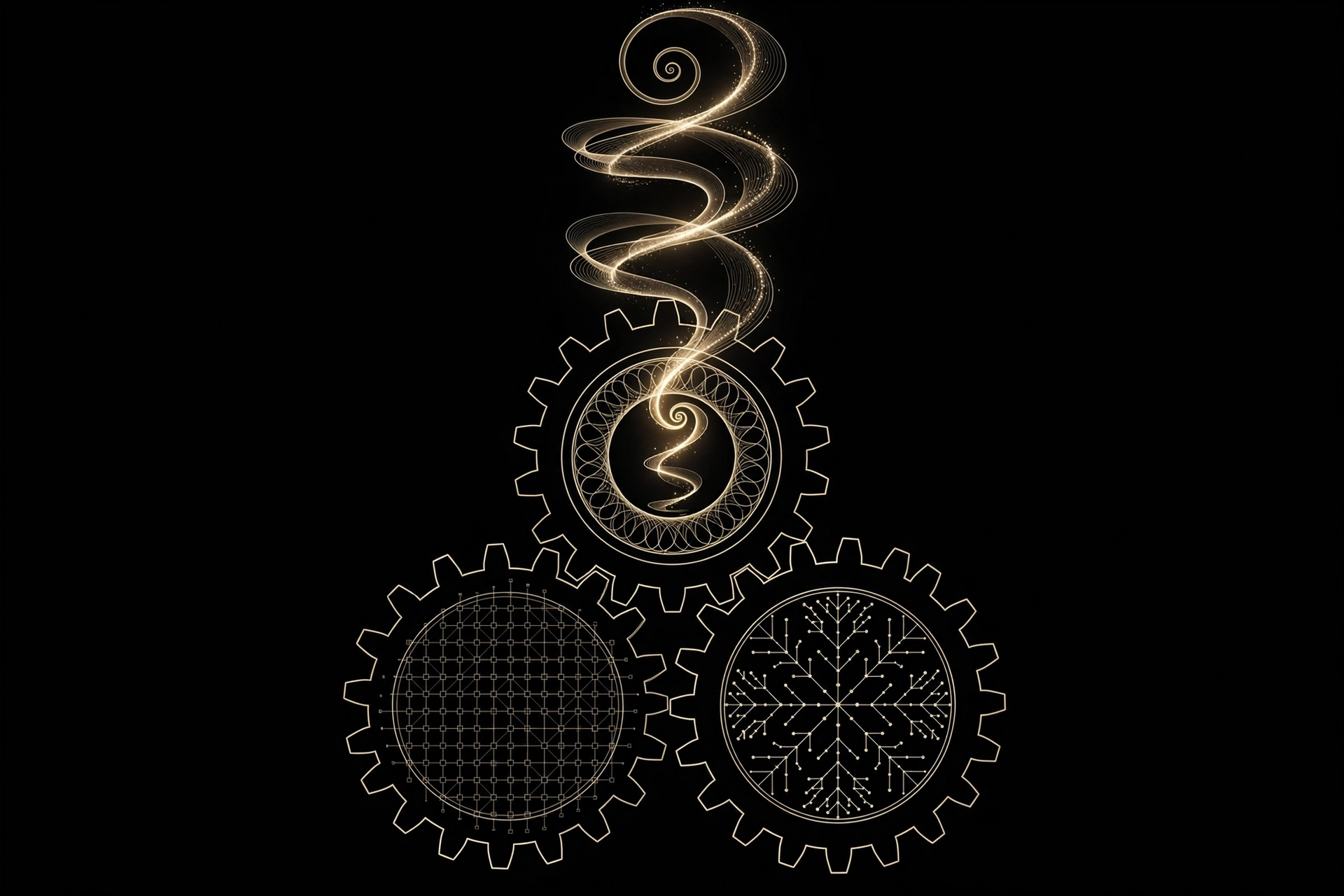 Diagram of three interlocking gears representing compute scaling, algorithmic efficiency, and recursive self-improvement driving an upward spiral of intelligence