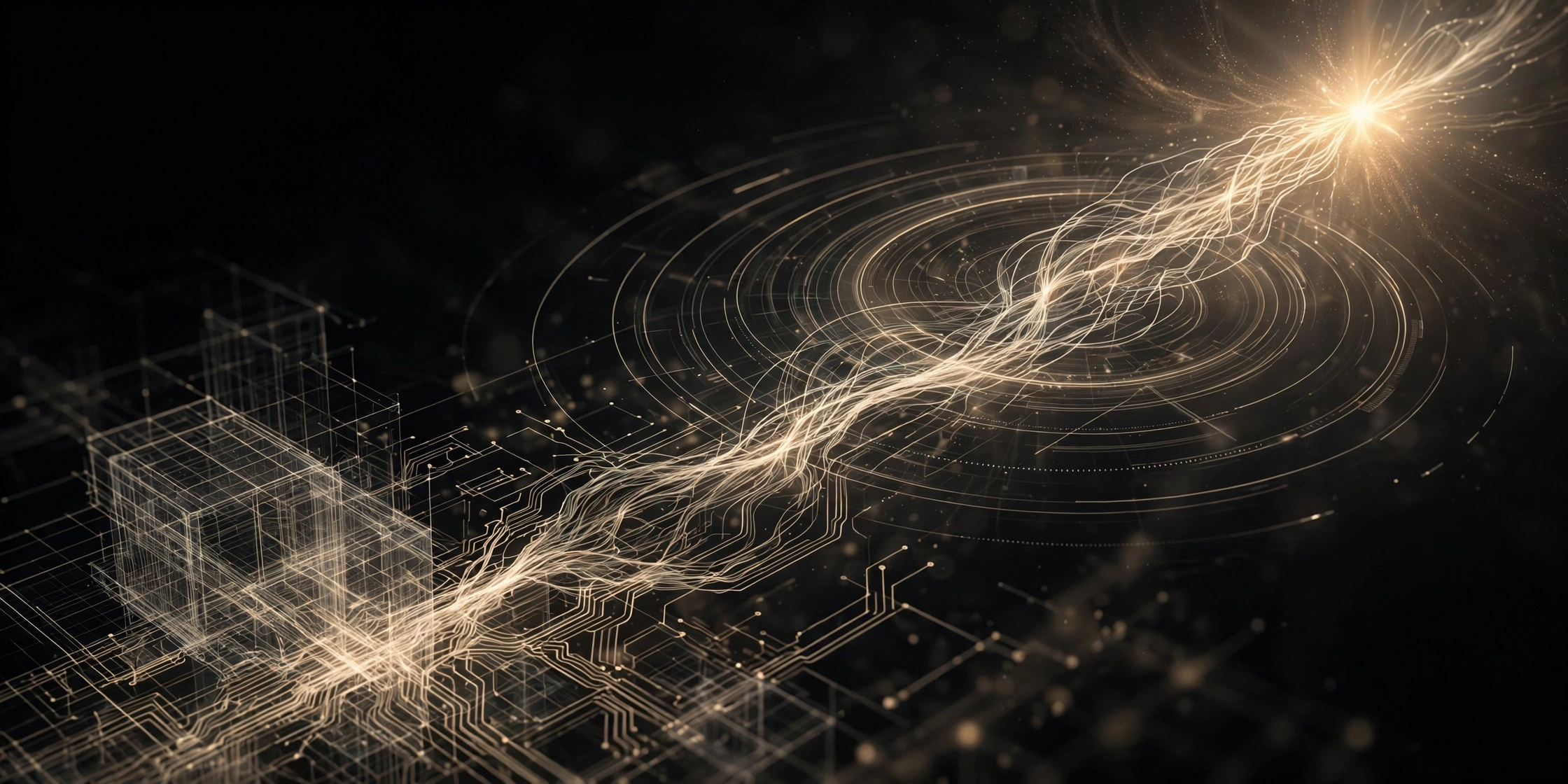 Champagne-gold neural pathways ascending toward a singularity over architectural blueprint grids — hero art for The Superintelligence Roadmap